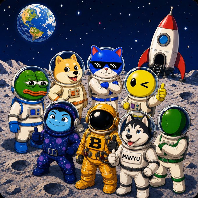 A colorful cartoon illustration of various anthropomorphic animal and emoji characters dressed as astronauts on the moon, with Earth and a rocket in the background; one dog character has a name tag reading 'MANYU'.