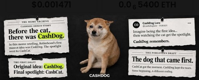 Meme graphic featuring a Shiba Inu dog labeled 'CASHDOG' alongside humorous newspaper-style clippings about a 'CashDog Origin Story' suggesting CashDog came before CashCat.