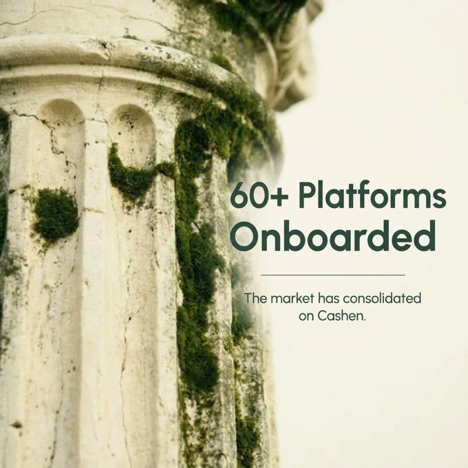 A promotional graphic featuring a weathered stone column with text reading '60+ Platforms Onboarded' and 'The market has consolidated on Cashen.'