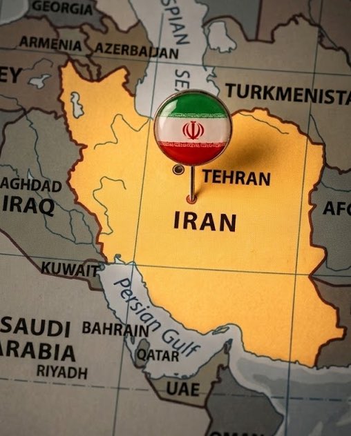 A map showing Iran highlighted in orange with its capital Tehran marked, surrounded by neighboring countries including Iraq, Turkmenistan, Afghanistan, and Saudi Arabia along the Persian Gulf.