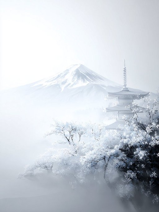A serene, monochromatic illustration or photo of a traditional Japanese pagoda and cherry blossom trees in the foreground, with the snow-capped peak of Mount Fuji shrouded in mist in the background.