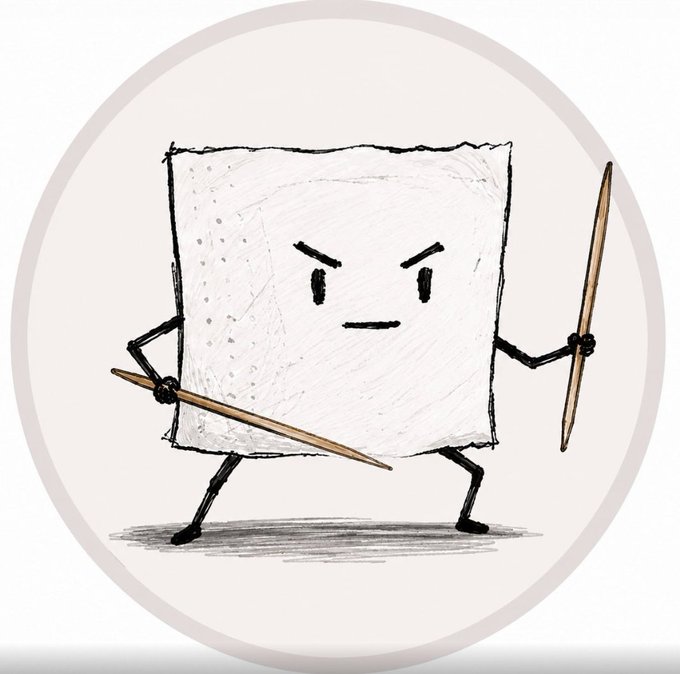 A cartoon illustration of an angry square piece of paper holding two pencils like weapons, with a determined expression on its face.
