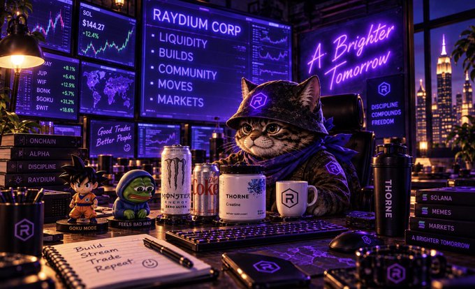 A stylized cyberpunk promotional image featuring a cat in a bucket hat at a trading desk with Raydium Corp branding, surrounded by monitors showing 'LIQUIDITY BUILDS COMMUNITY MOVES MARKETS' and 'A Brighter Tomorrow,' with $RAY and Solana tokens mentioned.