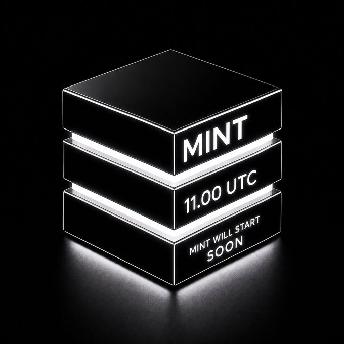 The image depicts a cube-shaped object with three illuminated layers, each displaying the word "mint" written in white letters. The cube also features an inscription that says "11.00 UTC mints will start soon", indicating the arrival time of the new mints. In the background, there is text that provides additional details about the mints and their pricing structure.