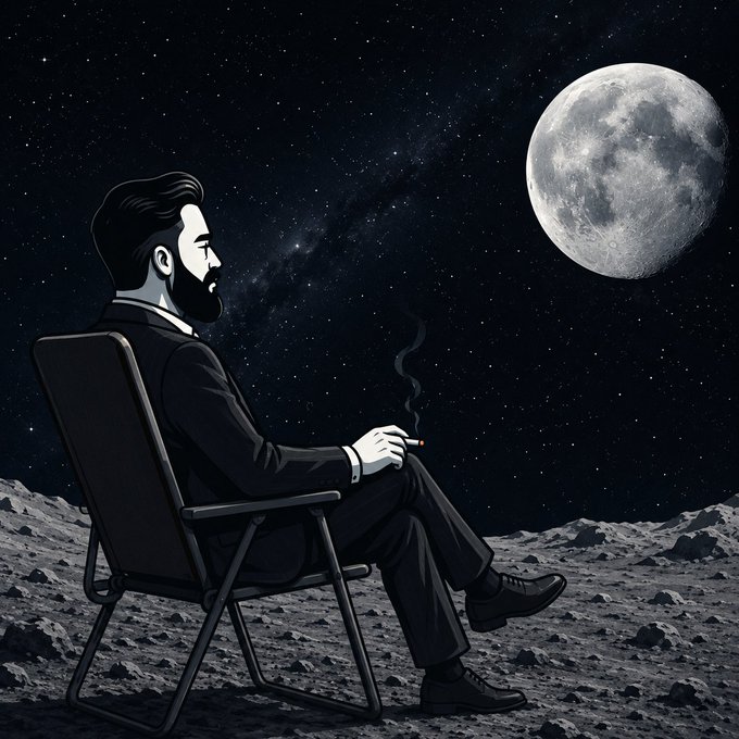 A black-and-white digital illustration of a bearded man in a suit sitting in a folding chair on the surface of the moon, smoking a cigarette while gazing at a large Earth hanging in the starry sky.