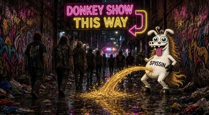A neon-lit alleyway with a 'DONKEY SHOW THIS WAY' sign pointing to a cartoonish creature with googly eyes and a protruding tongue, urinating golden liquid, with people walking away down the alley.