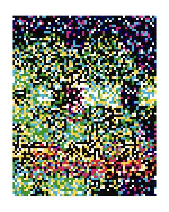 An abstract digital art piece composed of a dense grid of small multicolored squares creating a pixelated mosaic pattern with vibrant blues, yellows, pinks, greens, and blacks.