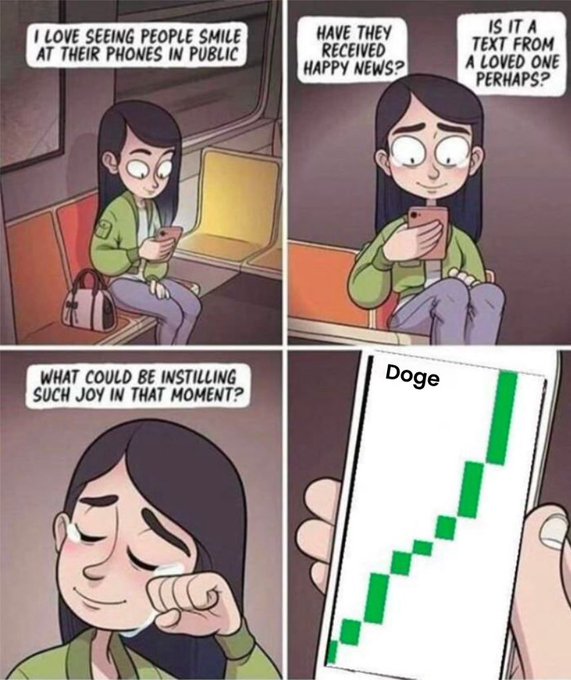 A four-panel comic showing a woman smiling at her phone in public, imagining happy scenarios, before revealing she's looking at a 'Doge' cryptocurrency chart.