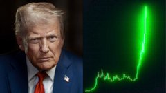 The image shows a split screen: on the left is Donald Trump, and on the right is a bright green chart depicting a sharp upward trend, likely representing a cryptocurrency price surge. This visual likely implies a connection between Trump and the positive market sentiment for Bitcoin mentioned in the accompanying post.