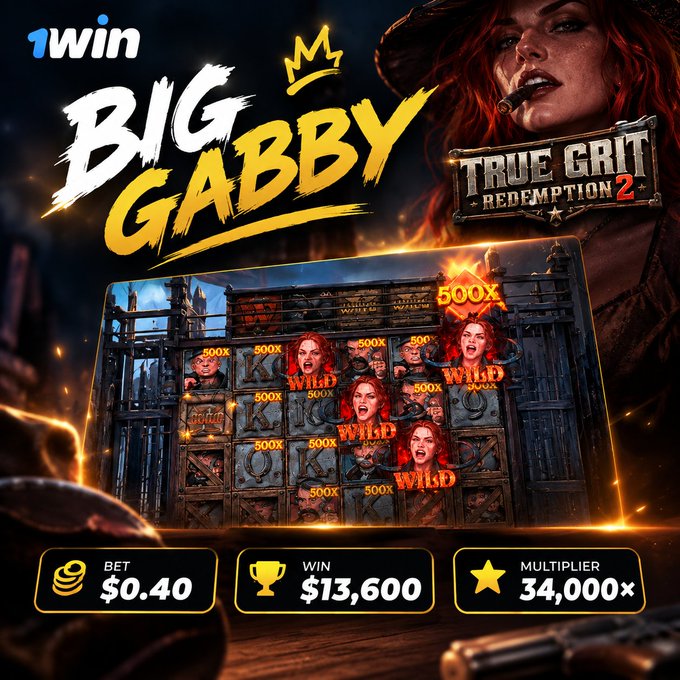 A promotional graphic showcases a "Big Gabby: True Grit Redemption 2" slot game on 1win, displaying a $0.40 bet that transformed into a $13,600 win with a 34,000× multiplier. The image celebrates the viral big-win moment referenced in the caption, highlighting the dramatic 500× wild symbols on the reels that contributed to the massive payout.