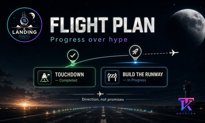 A "FLIGHT PLAN" graphic with the tagline "Progress over hype," showing completed "TOUCHDOWN" and in-progress "BUILD THE RUNWAY" milestones under a moonlit sky.