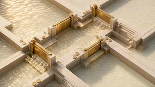 Water flowing through an ornate grid of golden sluice gates symbolizes the controlled, disciplined flow of liquidity—visually echoing the post's message about tightening liquidity and Slickorps as a risk-management lens amid speculative and institutional pressures.