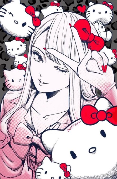 A black, white, and red manga-style illustration depicts a young woman with long straight hair surrounded by multiple Hello Kitty characters, with the artist's signature 'Denisyo' visible.