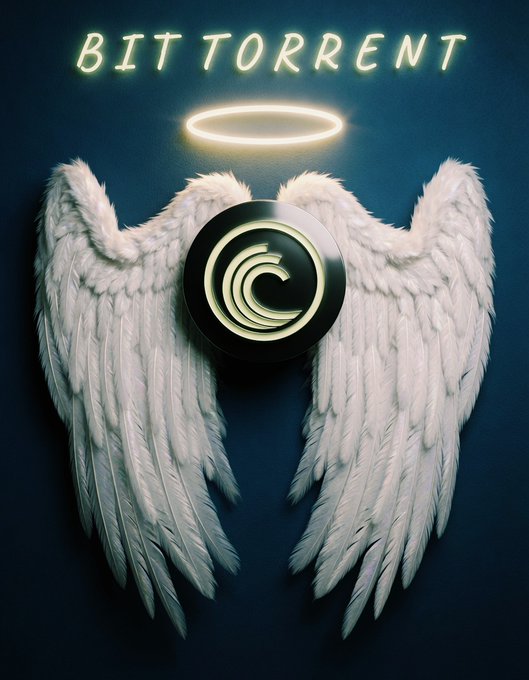 A digital artwork featuring white angel wings, a glowing halo, and a copyright symbol, with the word "BITTORRENT" illuminated at the top.