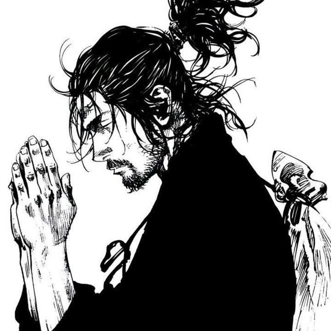 A black and white manga-style drawing of a man with a topknot and beard, hands clasped together as if in prayer.