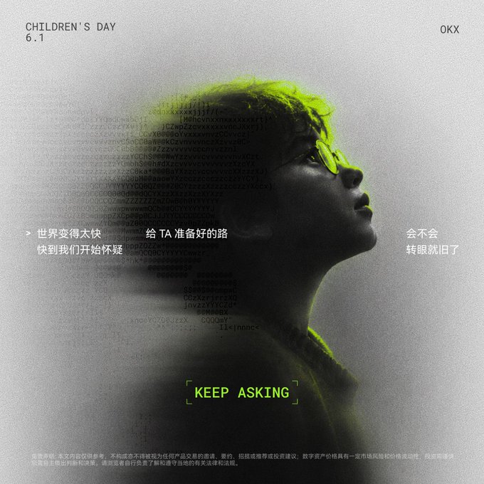 The image shows a poster for Children's Day, which is a global event celebrating children and their achievements. The poster features a close-up of a person wearing glasses with a green tinted lens, giving them an ethereal appearance. The text on the poster encourages people to "Keep asking" and "Keep learning", suggesting that the focus should be on curiosity and continuous growth rather than just accumulating knowledge or material possessions. This message is relevant to the post because it highlights the importance of staying curious and open-minded in a rapidly changing world, where new technologies and ideas are constantly emerging.

The poster also includes information about an event called "Children's Day", which takes place on Children's Day (9th October) and is celebrated worldwide. The event aims to promote children's rights, well-being, and opportunities for learning and development. It serves as a reminder that the pursuit of knowledge and personal growth should be encouraged from a young age, regardless of one's background or circumstances.