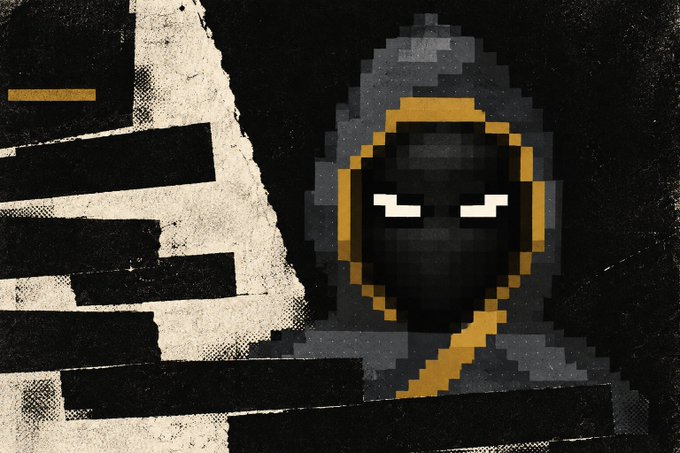 A pixel-art illustration of a hooded figure with glowing white eyes and a yellow trim around the face, set against a black and white textured background.