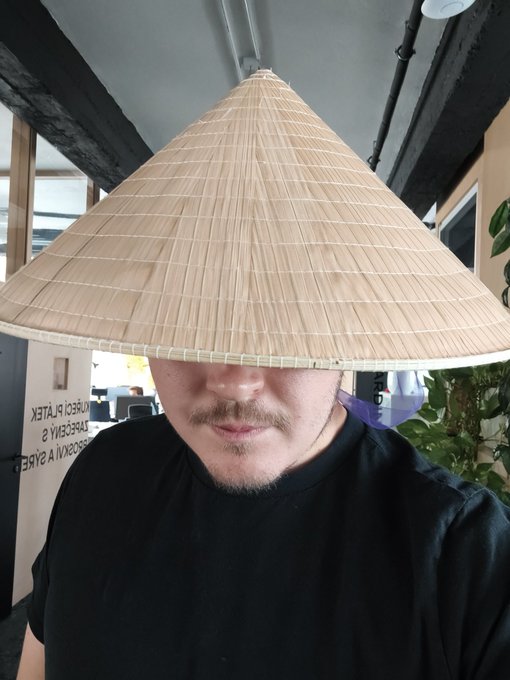 A man wearing a large conical Asian-style straw hat that obscures his eyes, posing indoors in a black shirt.