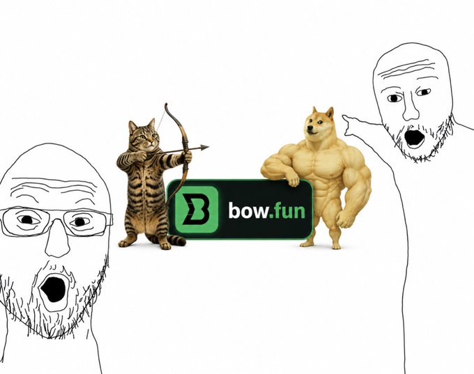 A Wojak with glasses looks shocked on the left while another Wojak with a beard and open mouth appears surprised on the right, framing a buff Doge and an archer tabby cat standing on either side of a "bow.fun" logo — humorously capturing the "BABE WAKE UP" meme of excited crypto discovery as the Bow.Fun token supposedly heats up.