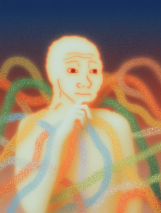 An artistic, blurry illustration of a bald humanoid figure in a thoughtful pose surrounded by colorful flowing wires or noodles against a dark blue background.