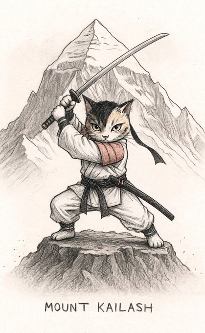 A pen and ink illustration of a calico cat dressed in samurai gi and hakama, wielding a katana while standing on a rocky outcrop with snowy mountains behind it, labeled 'MOUNT KAILASH'.