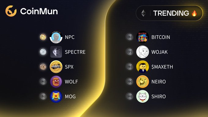 A CoinMun “TRENDING 🔥” leaderboard lists the top 10 Ethereum meme coins in ranked order: $NPC, $SPECTRE, $SPX, $WOLF, $MOG, $BITCOIN, $WOJAK, $MAXETH, $NEIRO, and $SHIRO. The graphic corresponds directly to the accompanying CoinMun post’s top-10 trending list.
