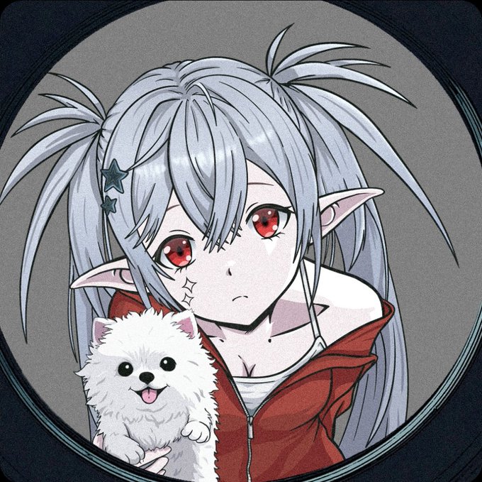 An anime-style illustration with a grayscale filter shows a silver-haired elf girl with pointed ears, star hair clips, and striking red eyes, holding an adorable fluffy white Pomeranian puppy while wearing a red hoodie. The image relates to the post as a visual introduction to "Momo," presented with enthusiastic encouragement to follow and engage with @momoyumemi.