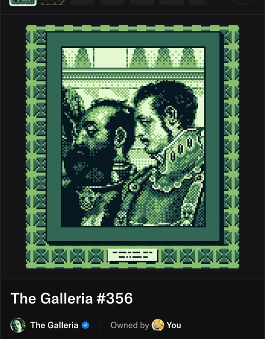 A pixel-art NFT titled 'The Galleria #356' rendered in green tones, depicting two figures in classical attire within a decorative border frame.