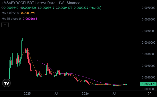 A candlestick price chart for the 1MBABYDOGEUSDT trading pair on Binance, showing price at 0.0004173 with a 7-day MA of 0.0003791 and a 25-day MA of 0.0003665.