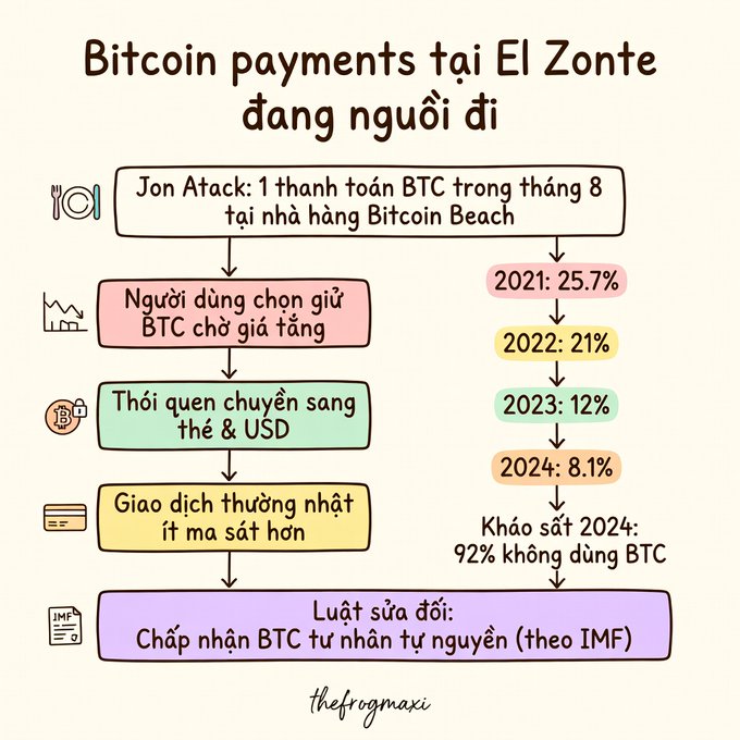 Vietnamese-language infographic titled 'Bitcoin payments at El Zonte decline' showing a decline from 25.7% (2021) to 8.1% (2024), attributed to users hoarding BTC for price gains, switching to cards/USD, and fewer new merchants, with a 2024 survey noting 92% don't use BTC, and IMF-backed legal reforms now accepting BTC voluntarily.