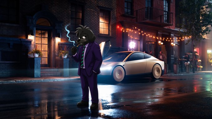 An anthropomorphic character in a purple suit smokes beside a sleek, futuristic silver car with glowing headlights parked on a wet city street at night, capturing a cyberpunk-esque vision where advanced technology blends with noir aesthetics. The scene embodies the post's theme, presenting a stylized vision of "the future" as both stylish and otherworldly.