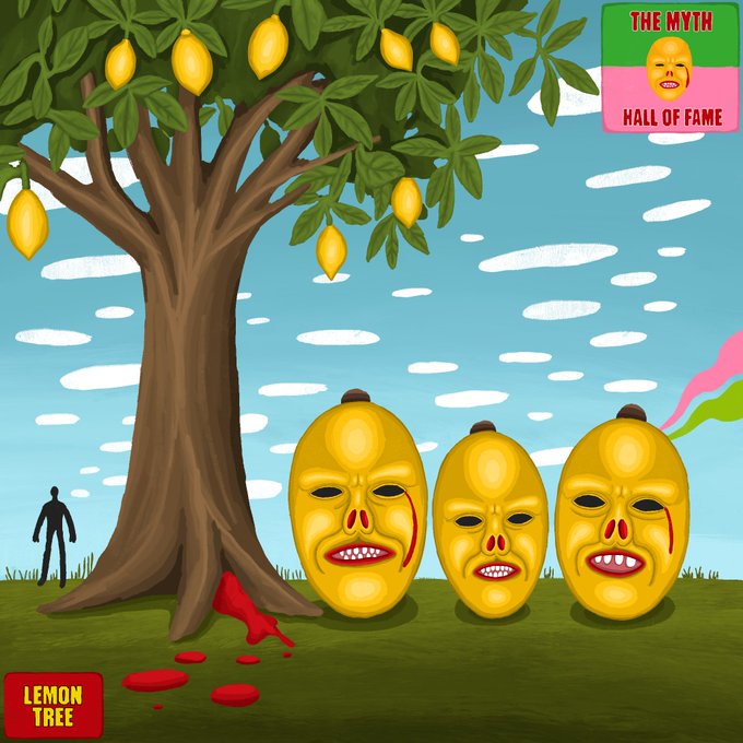 The image features a cartoon illustration of three yellow fruit faces sitting under a tree, with red paint splattered around them. The scene also includes a person standing next to the tree, possibly observing or interacting with the fruit characters. The caption for this image is "The Myth Hall Of Fame Collection LEMON TREE 8/15 Editions 33 XTEZOS available on @objktcom".