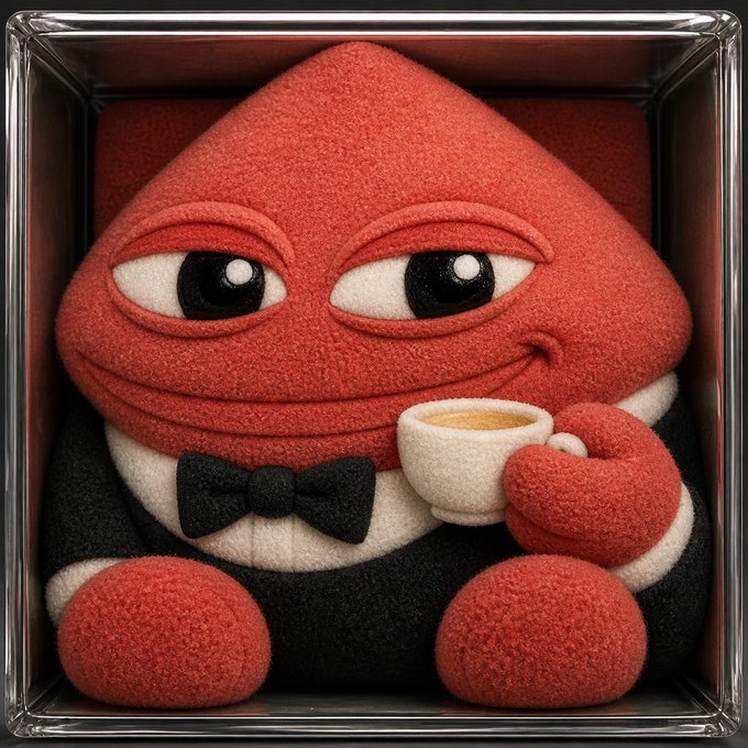 A red plush character with half-lidded eyes, a black bowtie, and a white coffee cup is squeezed into a small glass display box. The image illustrates the creator's "plushify" service mentioned in the post, where users are transformed into soft toys and stuffed into the signature glass case as a fun, free profile picture request.