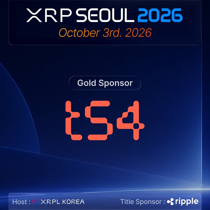 A promotional graphic for XRP Seoul 2026 dated October 3rd, 2026, featuring 't54' as a Gold Sponsor, hosted by XRPL Korea with Ripple as Title Sponsor.