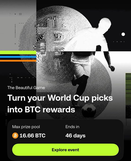 The image shows a poster or advertisement promoting a World Cup game, with a man kicking a soccer ball depicted on it. The text on the poster encourages people to join the game by entering their World Cup predictions into BTC rewards. The poster also includes details about the maximum prize pool and how to explore an event for free.