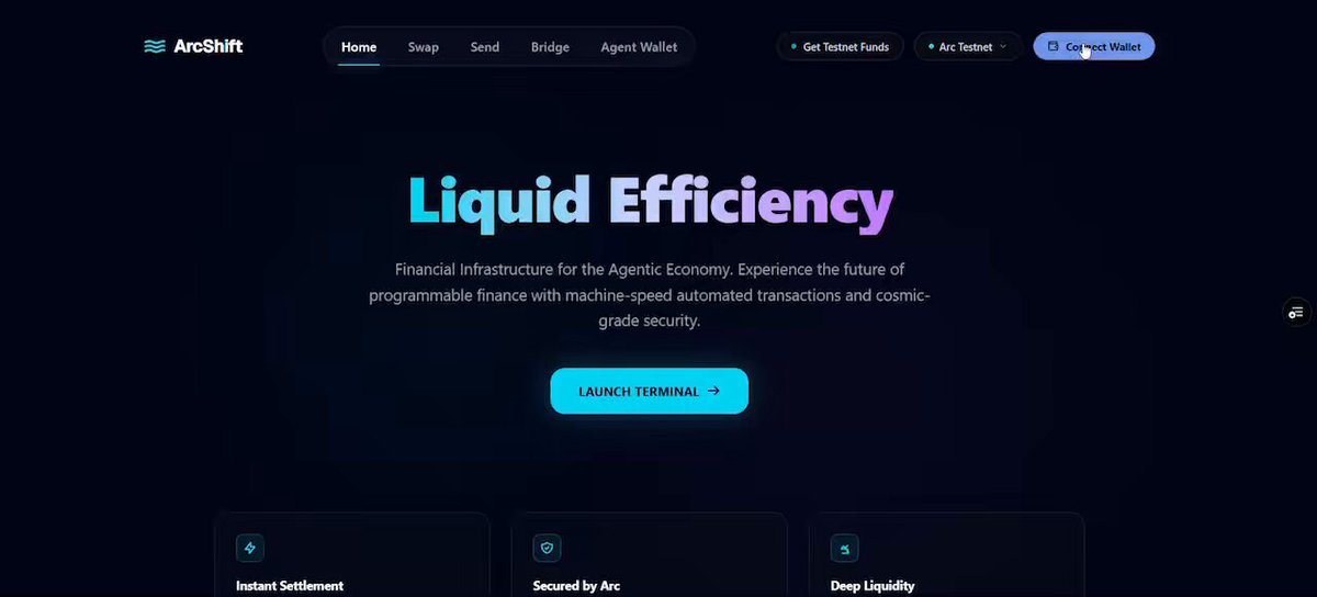The image shows a website called "arcshift" with a blue header, displaying information about liquid efficiency. The website has a dark background with white text that reads "Liquid Efficiency", followed by a list of services offered such as "Inflows & Deployments". There is also a link to the video on YouTube for more information about the platform.