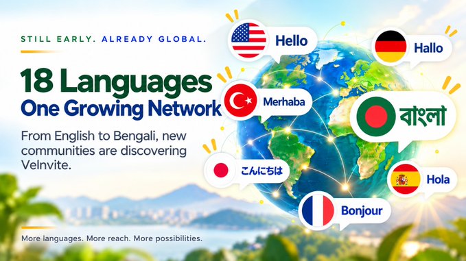 A promotional graphic reads '18 Languages One Growing Network' with 'STILL EARLY. ALREADY GLOBAL.' text, showing speech bubbles with greetings like 'Hello', 'Hallo', 'Merhaba', 'こんにちは', 'Bonjour', 'Hola', and 'বাংলা' against a globe and beach background.