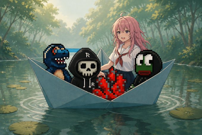 An anime-style illustration shows a pink-haired girl in a school uniform sailing in a paper boat on a serene pond, accompanied by three pixel-art characters: a blue dinosaur, a skull in a black hooded sweatshirt with an 'R' logo, and a green-faced figure with red eyes.