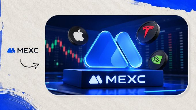 A promotional graphic displays the MEXC logo alongside stylized icons of Apple, Tesla, and NVIDIA on a blue, tech-themed background with stock chart visuals.