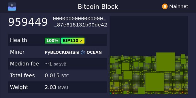 A Bitcoin Block dashboard showing block 959449 mined by PyBLOCKDatum on the OCEAN mining pool, with 100% health, BIP110 compliance, a median fee of ~1 sat/vB, total fees of 0.015 BTC, and a weight of 2.03 MWU.