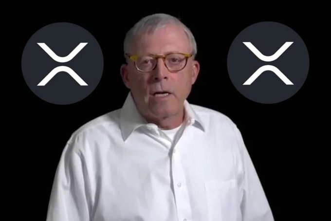 Peter Brandt appears centered in a white shirt and glasses against a black background, flanked by two XRP logos. The post highlights his bullish comparison of XRP for transactions over Solana and Ethereum, citing a $5.40 breakout target and a lack of personal investment.