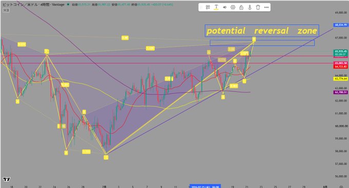 A Bitcoin/USD (ビットコインメイプル) candlestick chart on TradingView highlights a "potential reversal zone" near the $67,500-$68,000 resistance area, with multiple moving averages converging, suggesting the trader is eyeing a short entry if price rises slightly higher into this zone.