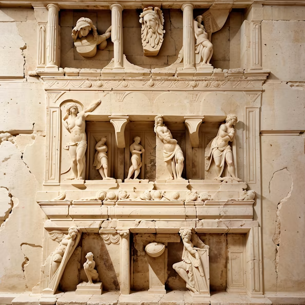 An ornate stone architectural relief features classical sculptures of human figures, faces, and decorative elements carved into niches and panels.