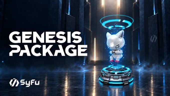 A futuristic promotional graphic features bold white text reading "GENESIS PACKAGE" alongside a sleek metallic robotic figure standing on a glowing blue circular platform, with the "SyFu" logo and a stylized emblem displayed at the bottom left. The cool-toned sci-fi aesthetic, with its illuminated ring and high-tech environment, visually reinforces the post's message about Genesis as the foundational, OG-tier offering in the #SyFu ecosystem, framing it as a rare, prime opportunity for users who hold 30+ uncommon OG NFTs for 30 days.