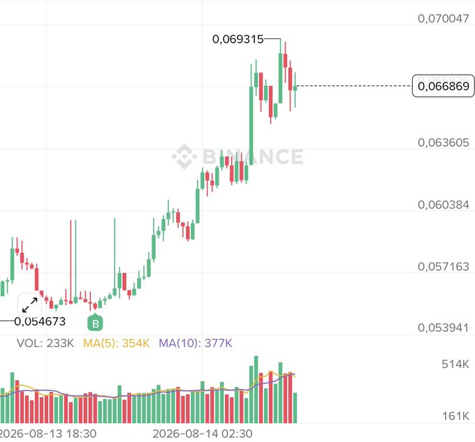 A Binance candlestick chart showing price movement between 0.054673 and a high of 0.069315, with the current price marked at 0.066869, volume of 233K, MA(5) of 354K, MA(10) of 377K, dated 2026-08-13 to 2026-08-14.