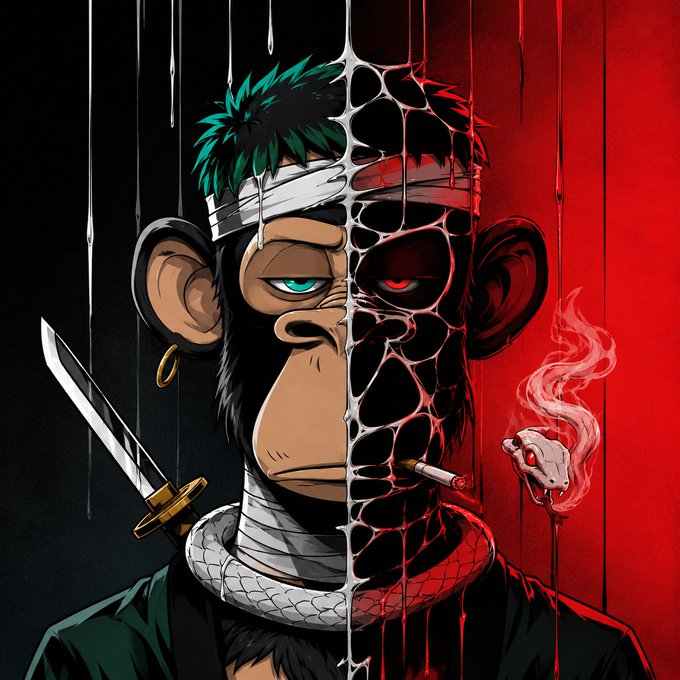 A split-face digital illustration of a monkey character, with the left side showing a calm face with a bandaged head and green eye holding a sword, and the right side depicting a menacing, cracked red skull-like face smoking a cigarette.