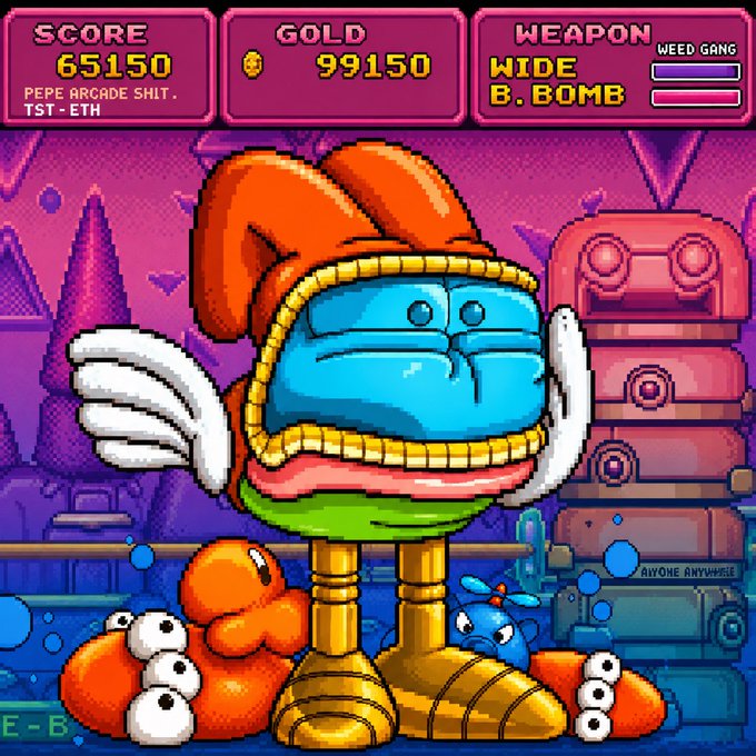 A pixel art game screen showing a winged character in golden boots with visible text including 'SCORE 65150', 'GOLD 99150', 'WEAPON WIDE', 'B. BOMB', and 'WEED GANG'.