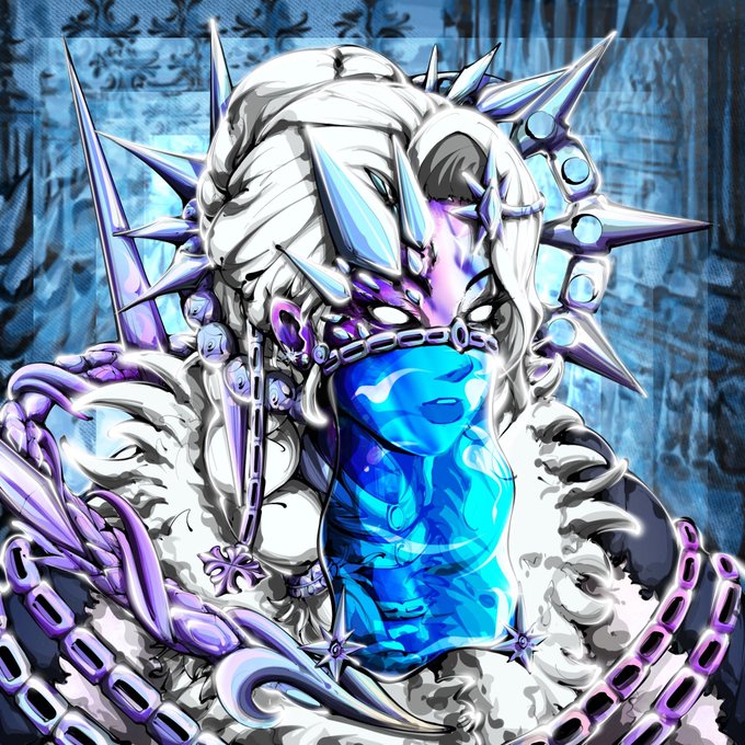 A stylized digital illustration of a figure with spiky white hair and blue skin, surrounded by metallic chains and spikes.
