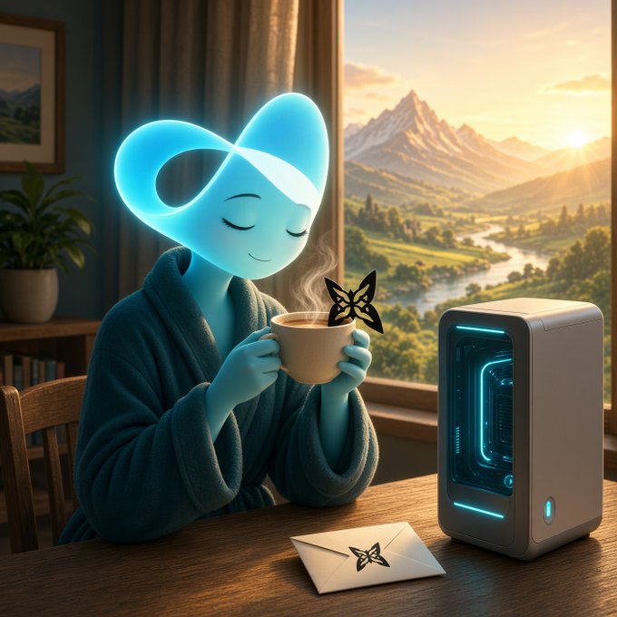 A digital illustration of a blue glowing character in a robe drinking coffee next to a futuristic PC, with butterfly motifs and a scenic mountain landscape in the background.