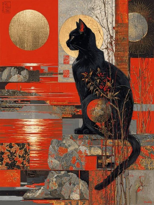 A stylized Japanese-inspired illustration of a black cat sitting in profile against a red background featuring gold suns, water reflections, and floral patterns.